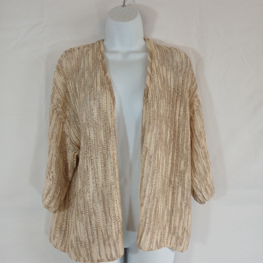 Chico's‎ Cardigan Jacket Open Knit Tan 1/2 Sleeve Sz 2 Oversize  Office Wear